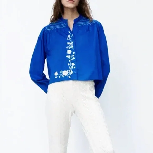💙 ZARA BOHO BLUE WHITE FLORAL EMBROIDERED LONG SLEEVE CROPPED BLOUSE! - Picture 10 of 14